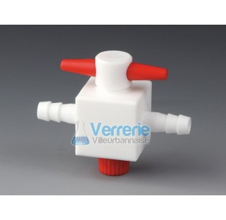Stopcock with hose connector, PTFE 2-way , bore shape stopcock I , bore diam 1,5mm, for tubing ID 4m
