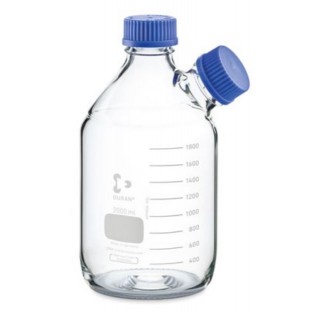 Flacon 2 litres avec 2 col GL45 , un col central et col incliné sur le côté avec graduation blanche,