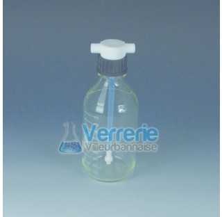 Scrubber bottles Vitrum, PTFE, glass 500 ml ,bottle thread GL45 , thread of screw cap 2x GL18 , heig