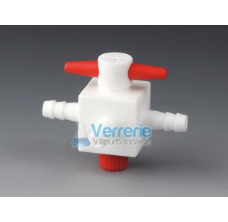 Stopcock with hose connector, PTFE 3-way , bore shape stopcock T , bore diam 1,5mm, for tubing ID 4m