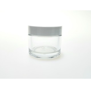 Pot pour creme 50 ml en PETG cristal transparent avec un couvercle blanc bague 53/400
