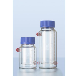 DURAN Double walled (Jacketed) GLS 80 bottle 500 ml complete with PP pouring ring, PP cap (blue) pac