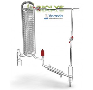 Tête de reflux de distillation en verre avec un réfrigérznt à serpentin et éfrigérant droit en sorti